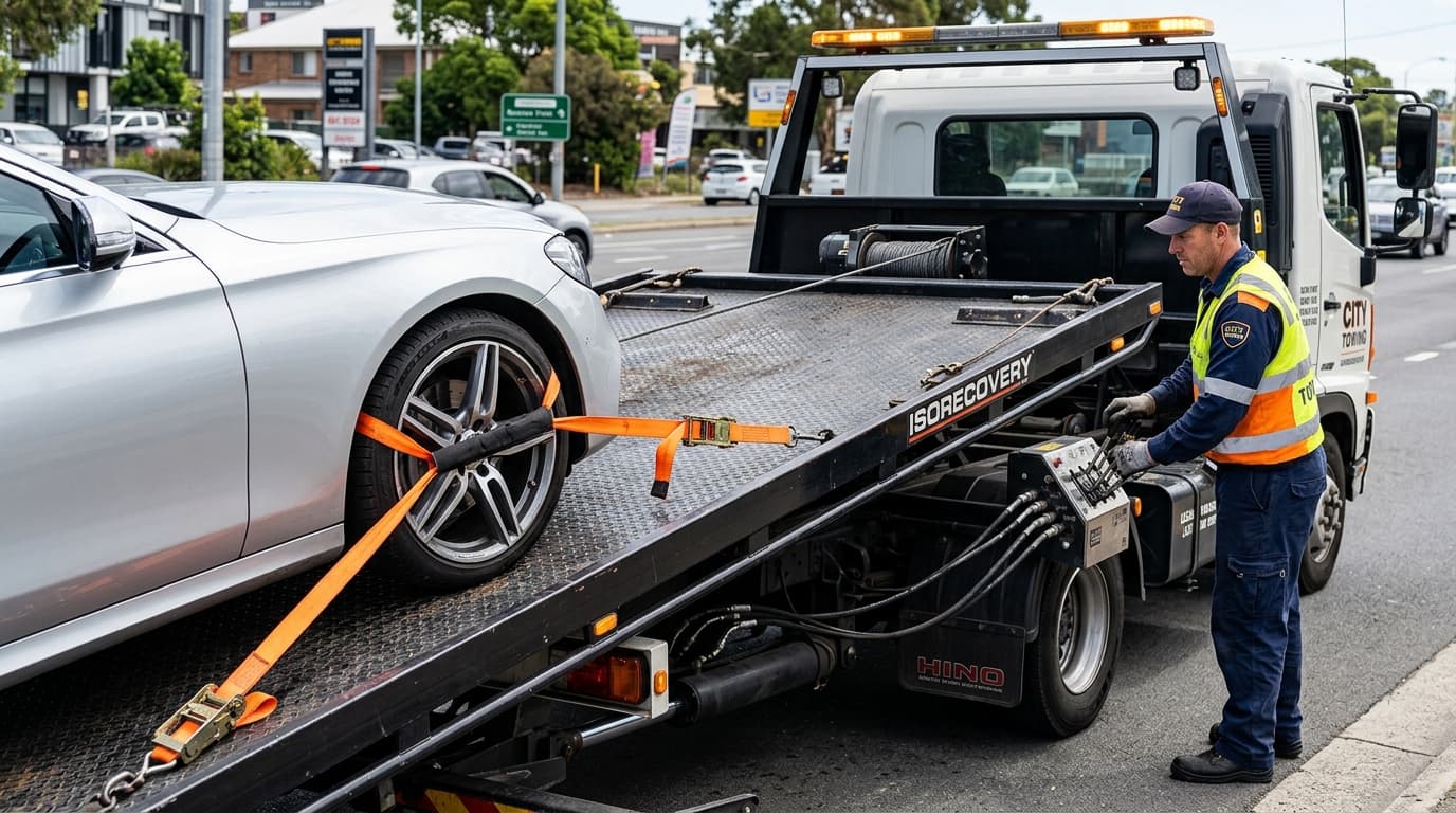 Hydraulic flatbed recovery truck transporting luxury car in Hassan